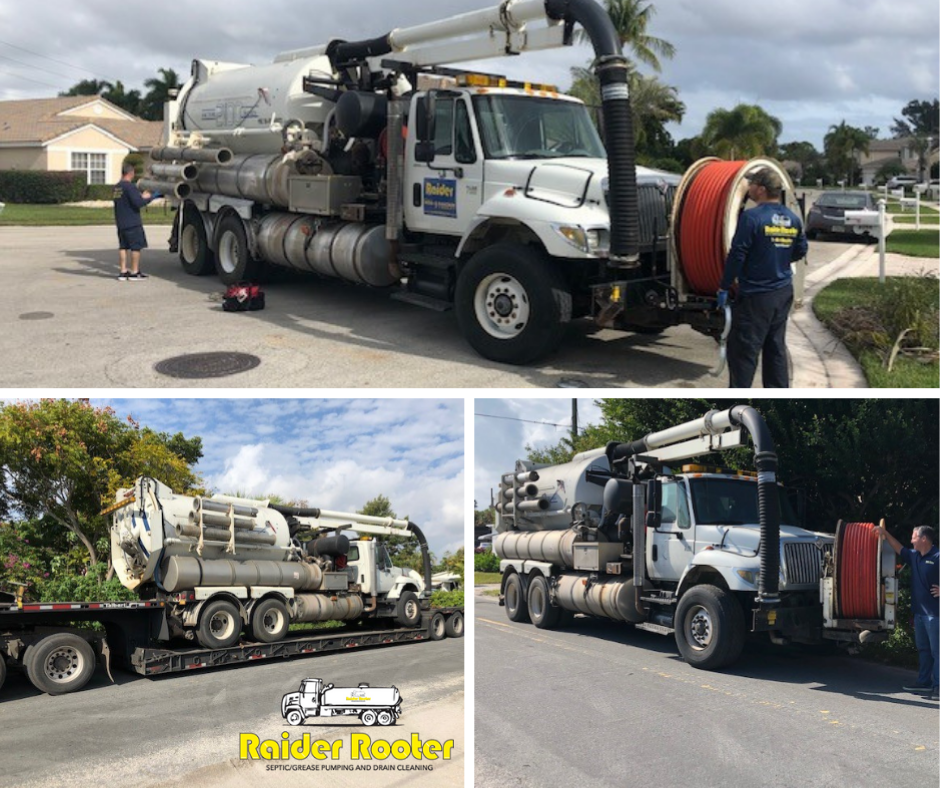 Image is of a vactor truck arriving and dropping off the truck.