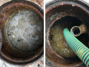 Images of grease traps. On the left shows a full grease trap and n the right is the grease trap being pumped out.